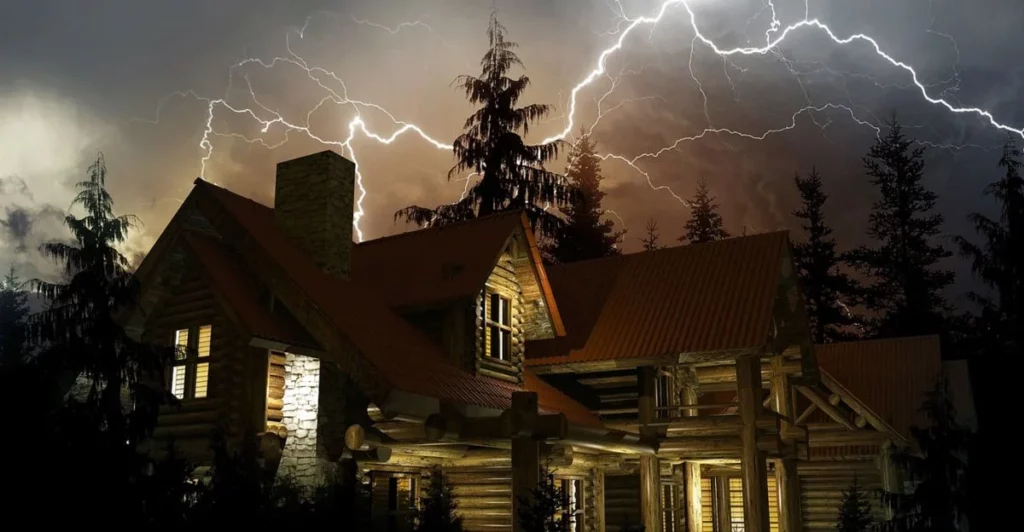 Lightning in the sky above a cabin with a metal roof.